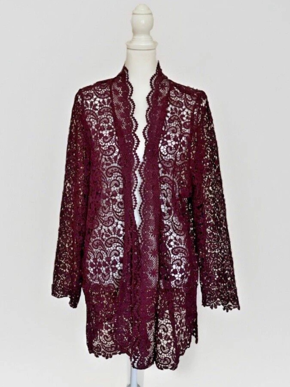 Catherines Open Front Dressy Cardigan Paisley Lace Cover Burgundy Sz 0X